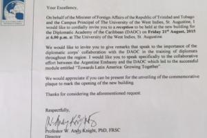 Nota invitación de la Academia Diplomática al Emb. Argentino p/ descubrir placa de inauguración 