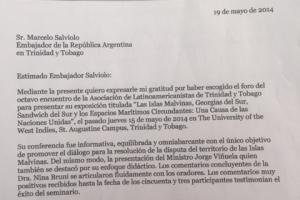 Carta de agradecimiento del Coordinador del Grupo de Solidaridad Islas Malvinas