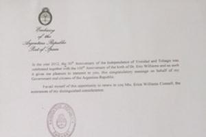 Congratulación enviada por Emb. Salviolo a la Sra. Williams en conmemoración del nacimiento del Padre de la Nación (en ingles) 
