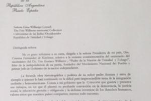 Congratulación enviada por Emb. Salviolo a la Sra. Williams en conmemoración del nacimiento del Padre de la Nación (en esp) 